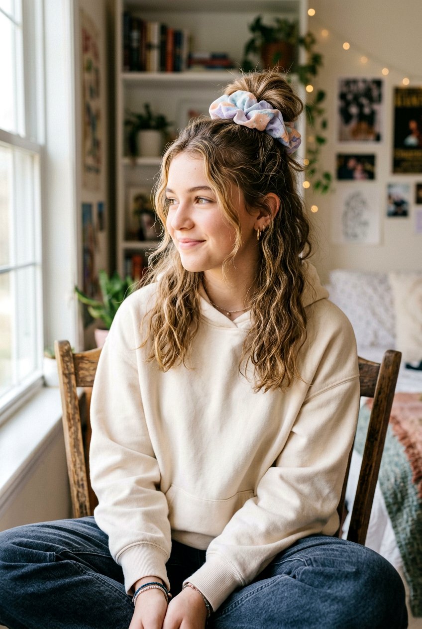 Half Up Scrunchie Bun - 20 simple half up hairstyle for teens - 20 simple half up hairstyle for teens