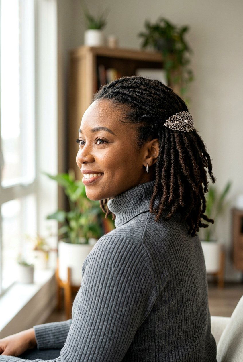 Half Up Short Locs - 20 half up loc styles - 20 half up loc styles