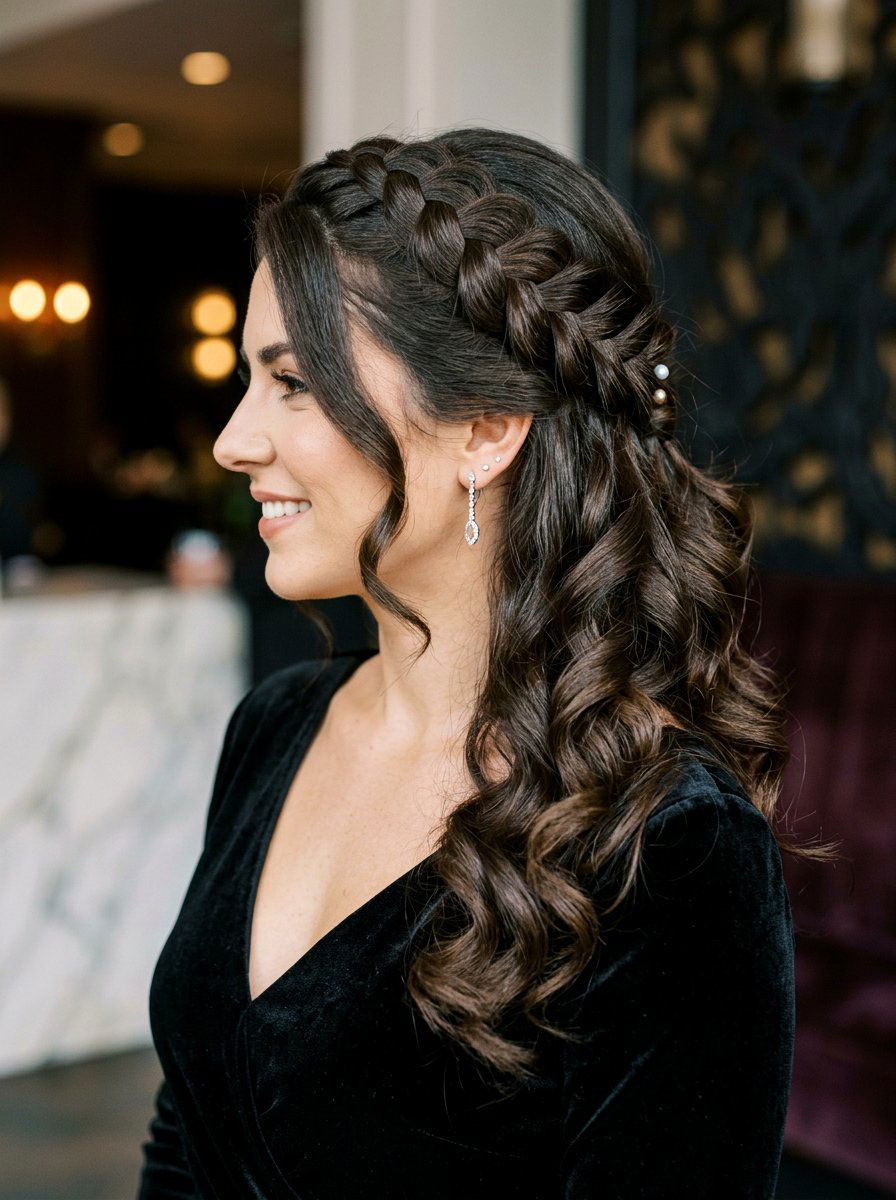 Half Up Side Braid With Glamorous Curls - 20 prom half up curls with braids - 20 prom half up curls with braids