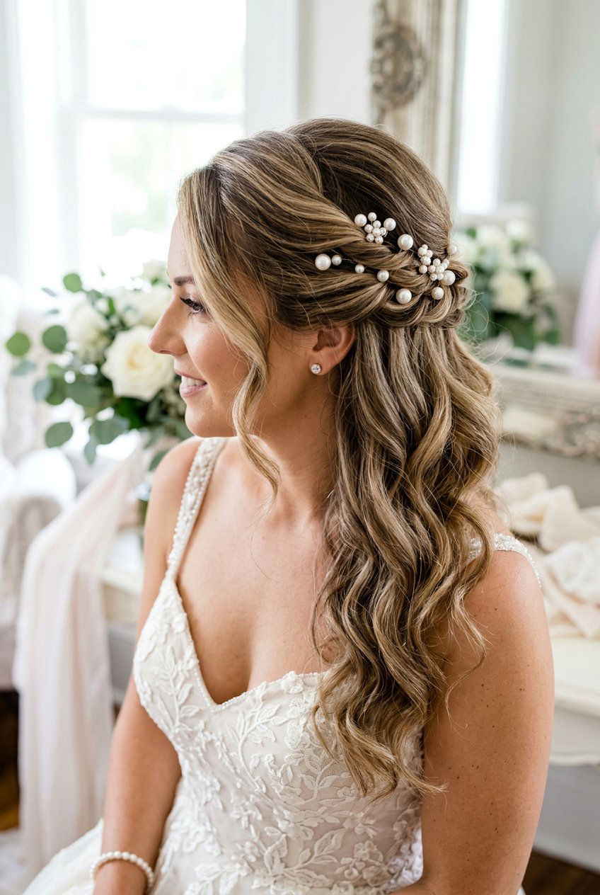 Half Up Side Sweep With Pearl Pins - 20 bridal half up with pearl pins - 20 bridal half up with pearl pins