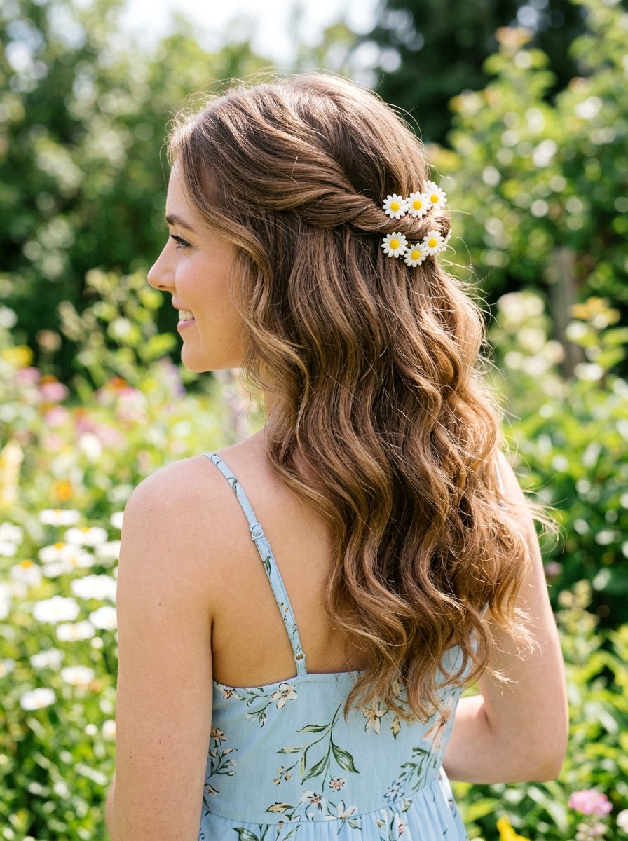 Half Up Soft Waves With Flower Clips - 20 soft waves with flower clips - 20 soft waves with flower clips