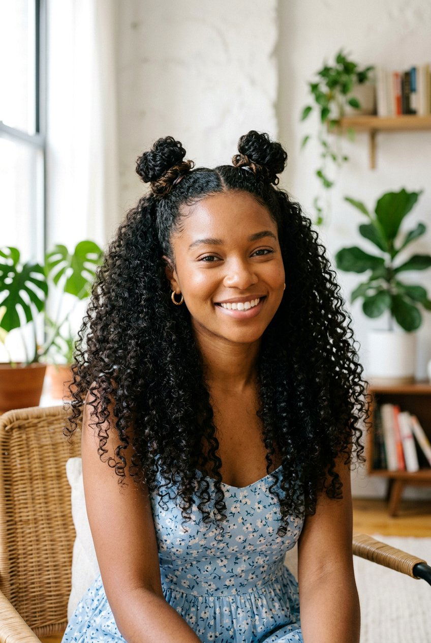 Half Up Space Buns - 20 school hairstyle for naturally curly hair - 20 school hairstyle for naturally curly hair