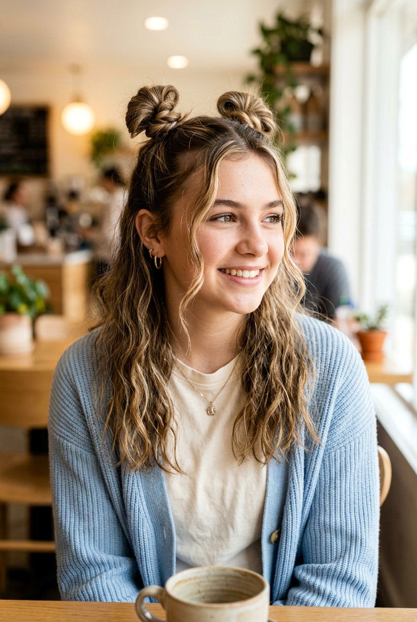 Half Up Space Buns - 20 birthday hairstyle for teenage girls - 20 birthday hairstyle for teenage girls