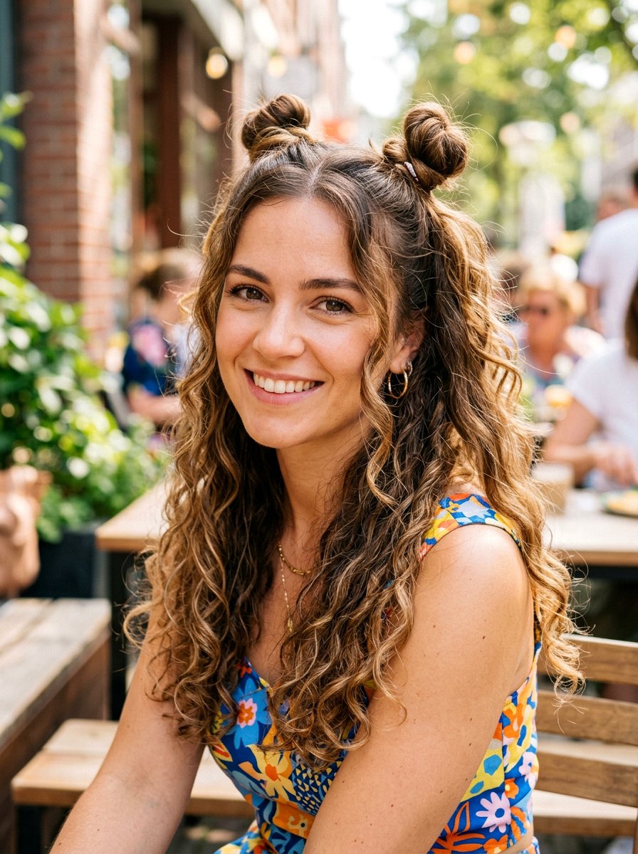 Half Up Space Buns - 20 simple hairstyle for curly shoulder length hair - 20 simple hairstyle for curly shoulder length hair