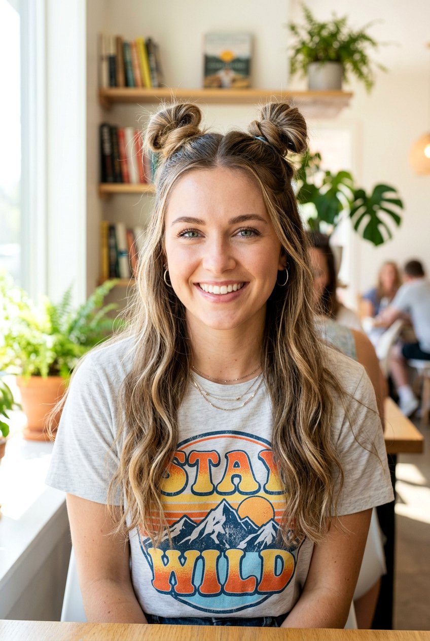 Half Up Space Buns For Moms - 20 moms hairstyle ideas for busy mornings - 20 moms hairstyle ideas for busy mornings