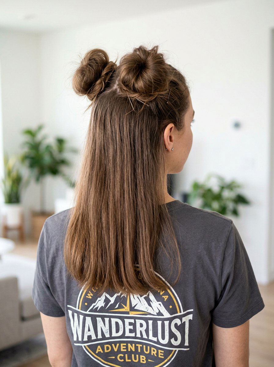 Half Up Space Buns Hairstyle - 20 easy hairstyle for long fine straight hair - 20 easy hairstyle for long fine straight hair