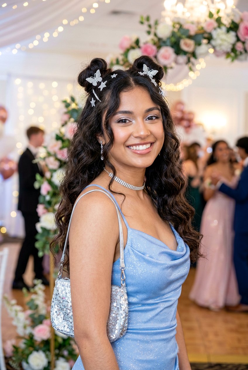 Half Up Space Buns Prom Hairstyle - 20 prom hairstyles for medium hair - 20 prom hairstyles for medium hair