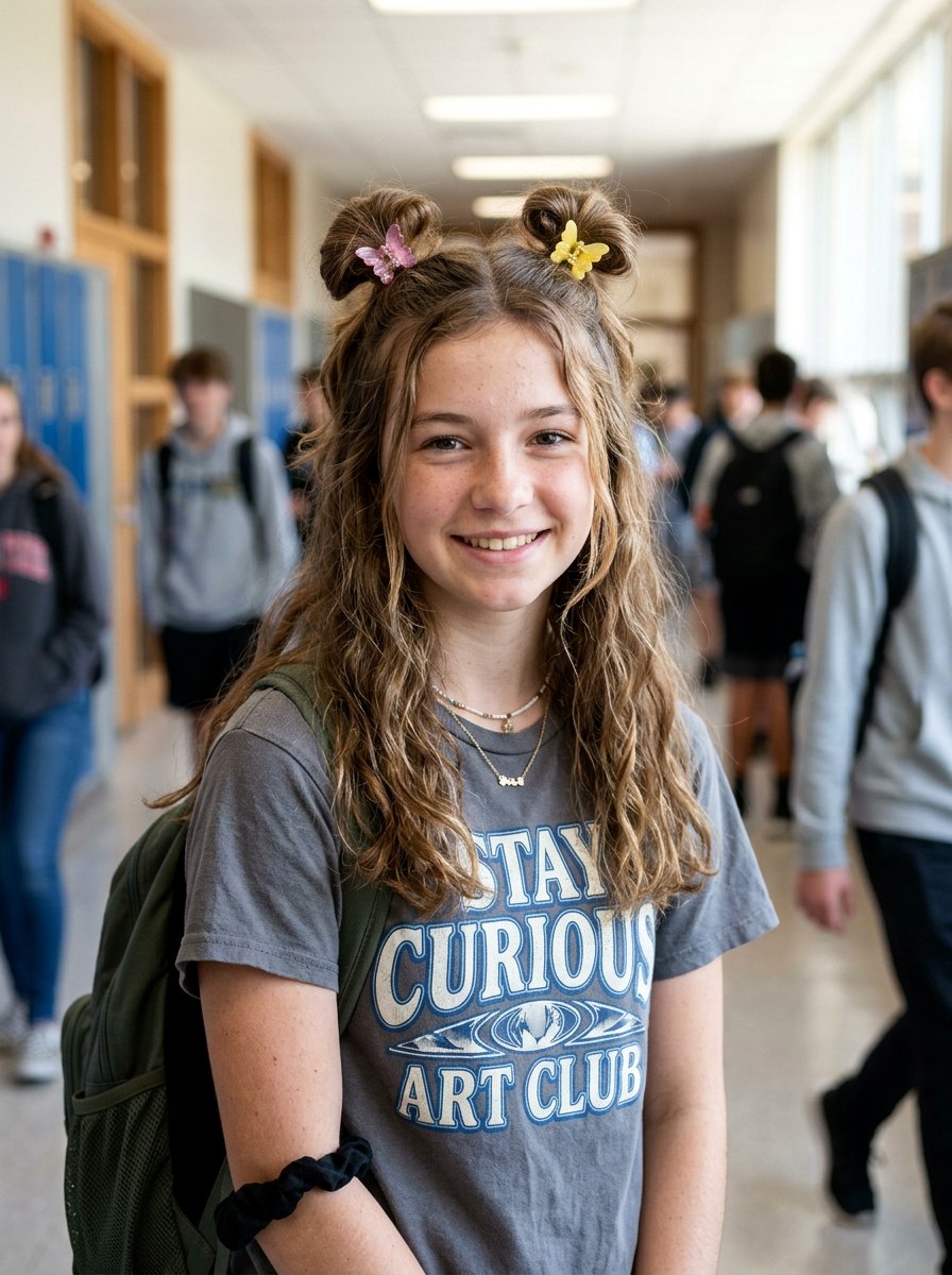 Half Up Space Buns With Claw Clip - 20 claw clip hairstyle for school girls - 20 claw clip hairstyle for school girls