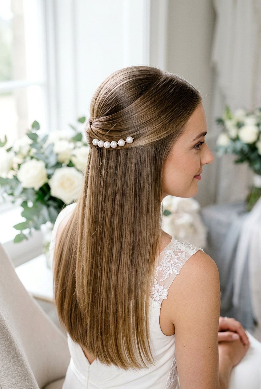 Half Up Straight Hair With Pearl Pins - 20 bridal half up with pearl pins - 20 bridal half up with pearl pins