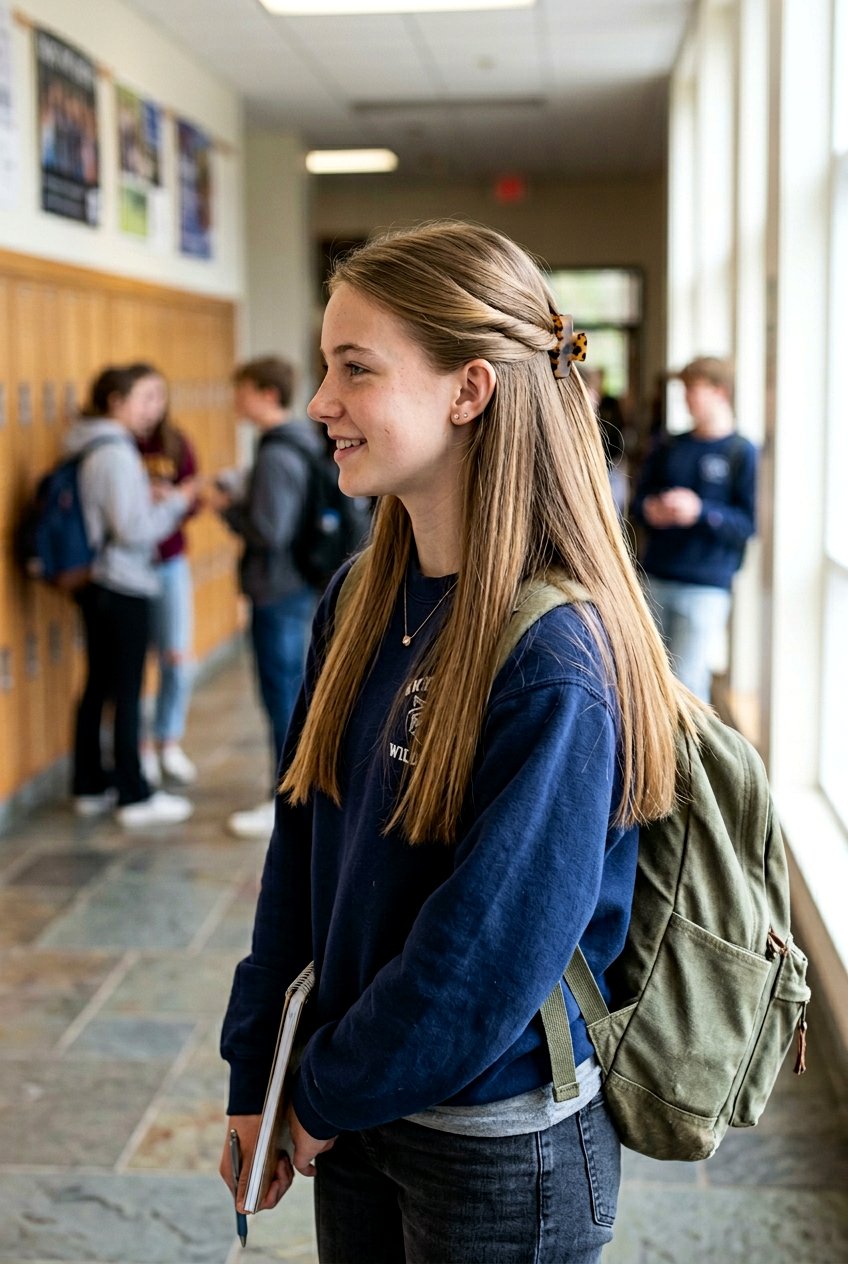 Half Up Straight Hair With Small Claw Clip - 20 school hairstyles for long straight hair - 20 school hairstyles for long straight hair