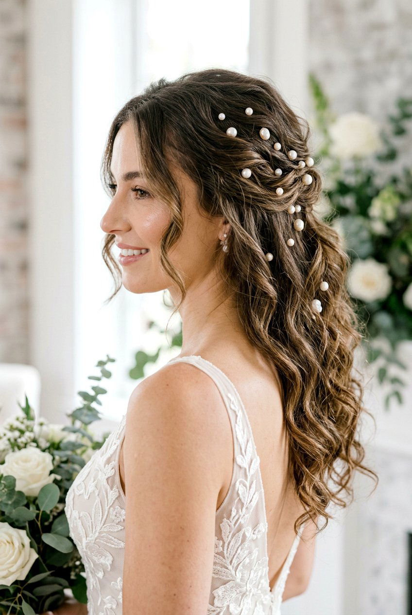 Half Up Textured Hair With Pearl Pins - 20 bridal half up with pearl pins - 20 bridal half up with pearl pins
