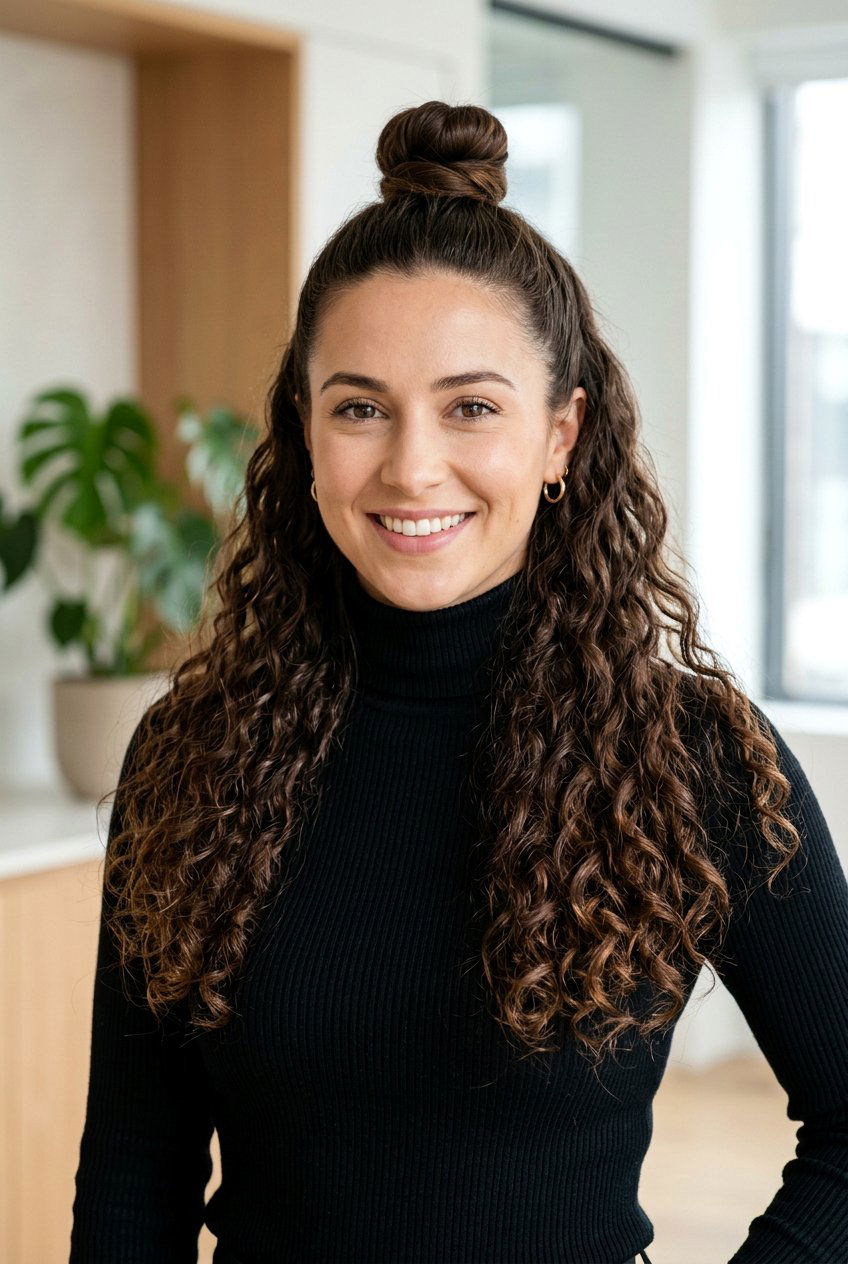 Half Up Top Knot - 20 easy work hairstyle for long curly hair - 20 easy work hairstyle for long curly hair