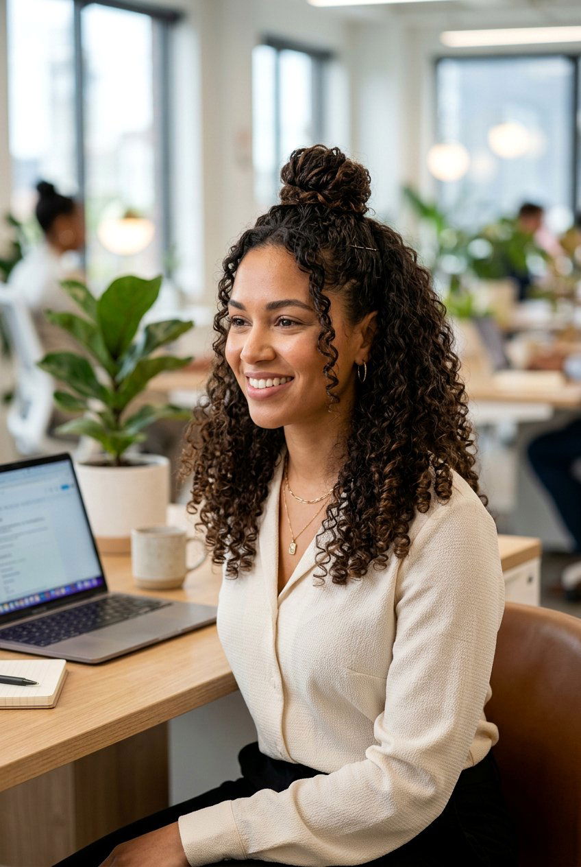 Half Up Top Knot - 20 office hairstyle for curly shoulder length hair - 20 office hairstyle for curly shoulder length hair