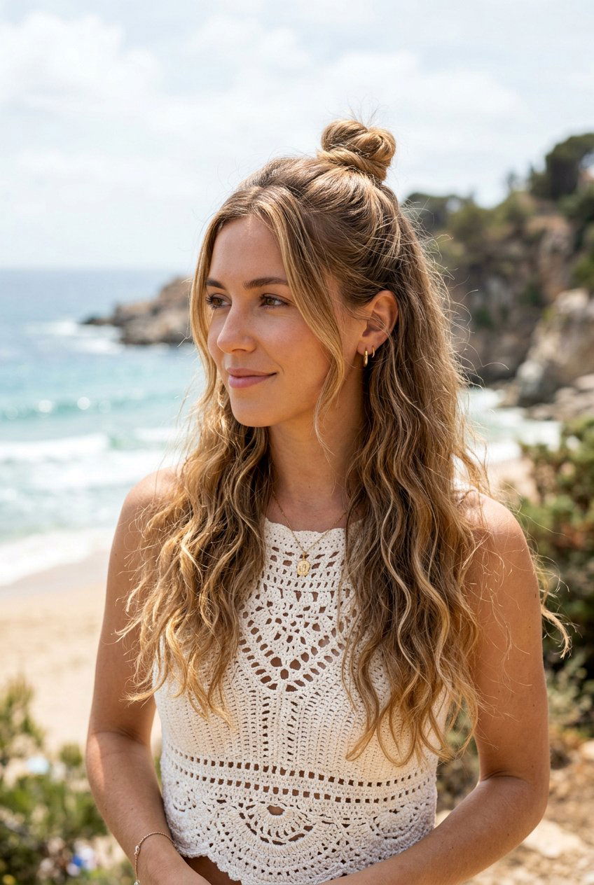 Half Up Top Knot - 20 concert bun hairstyles - 20 concert bun hairstyles