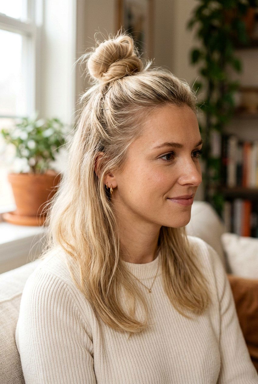 Half Up Top Knot - 20 school hairstyle for shoulder length fine hair - 20 school hairstyle for shoulder length fine hair