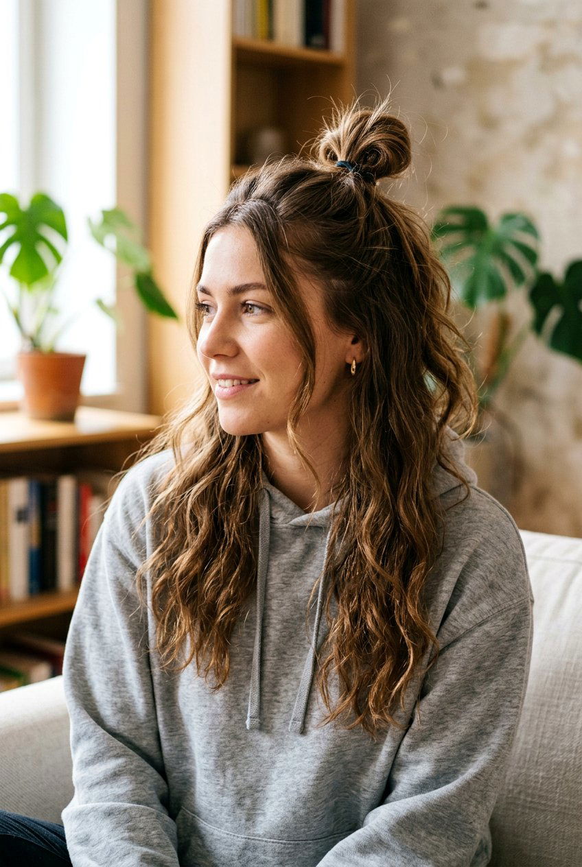 Half Up Top Knot - 20 travel hairstyle for shoulder length hair - 20 travel hairstyle for shoulder length hair