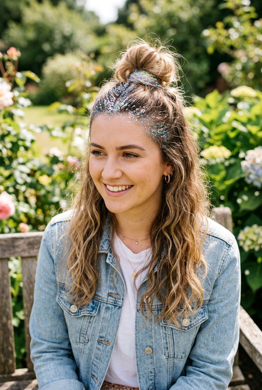 Half Up Top Knot - 20 glitter roots hairstyle ideas - 20 glitter roots hairstyle ideas