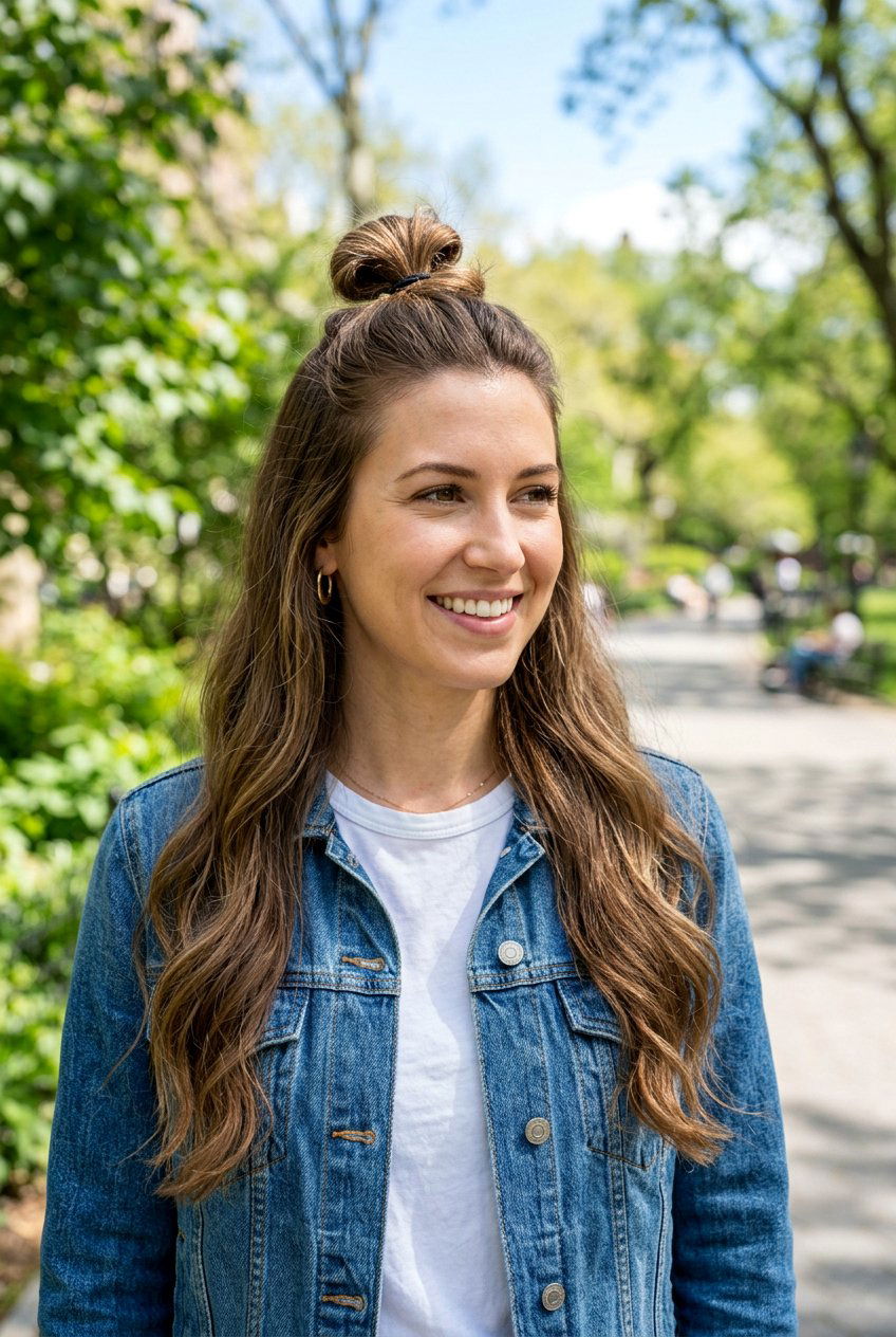 Half Up Top Knot - 20 easy hairstyles for busy moms with long hair - 20 easy hairstyles for busy moms with long hair