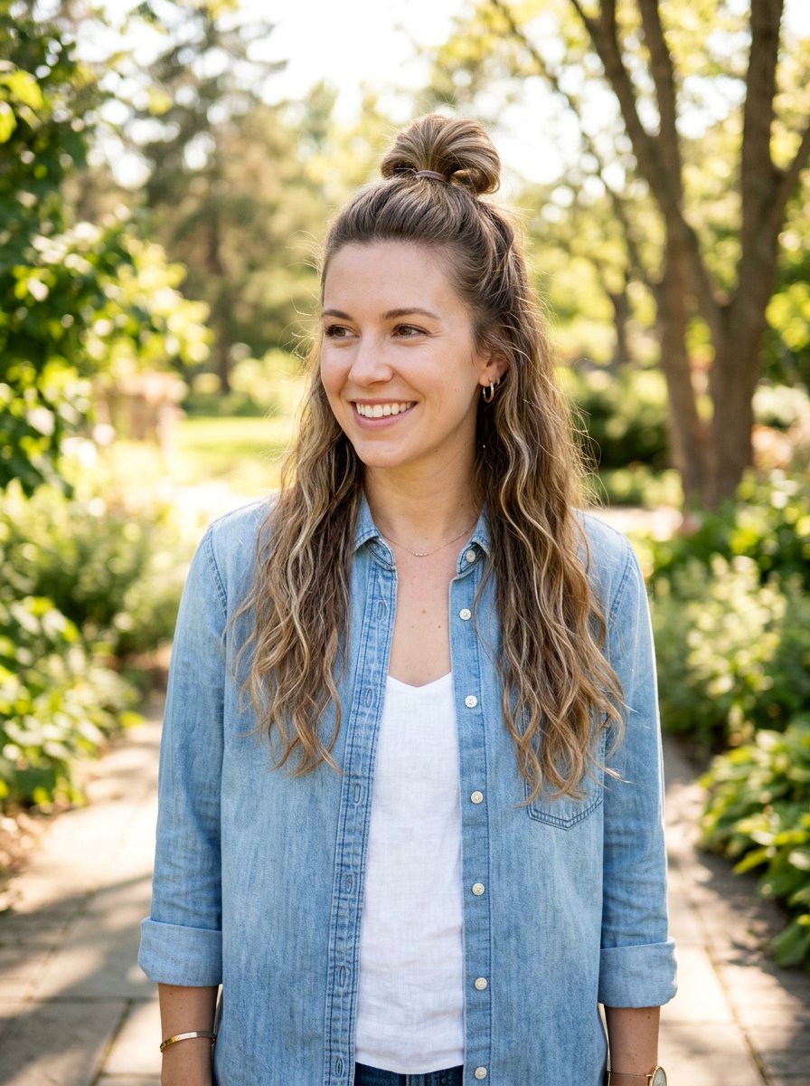 Half Up Top Knot - 20 simple hairstyle for work dinner - 20 simple hairstyle for work dinner