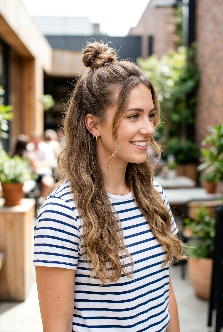 Half Up Top Knot For Baby Hairs - 20 hairstyle to hide postpartum regrowth - 20 hairstyle to hide postpartum regrowth