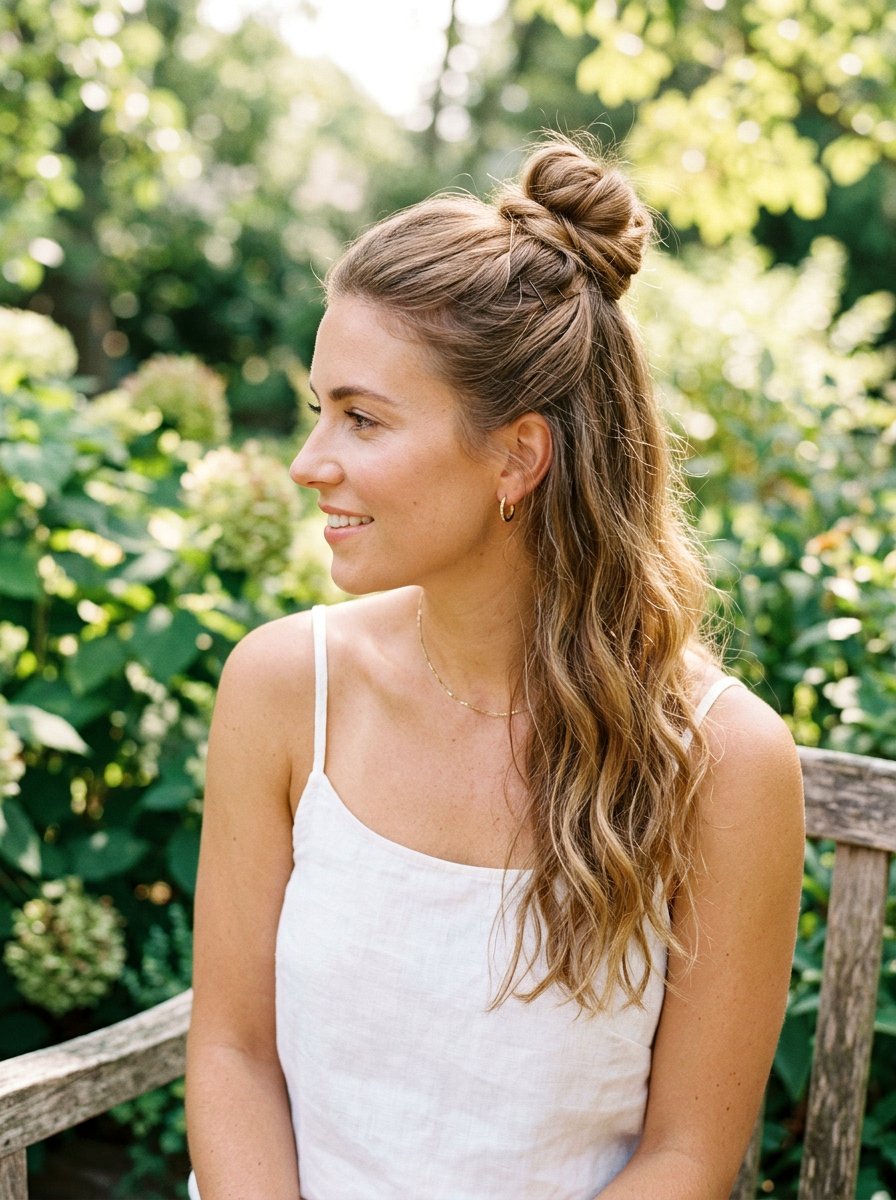 Half Up Top Knot For Hot Days - 20 hot weather hairstyles for women - 20 hot weather hairstyles for women