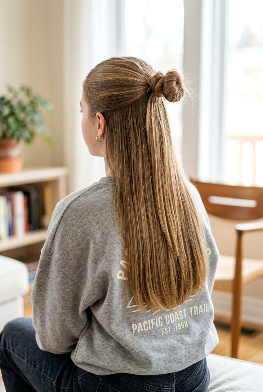 Half Up Top Knot For Long Straight Hair - 20 school hairstyles for long straight hair - 20 school hairstyles for long straight hair