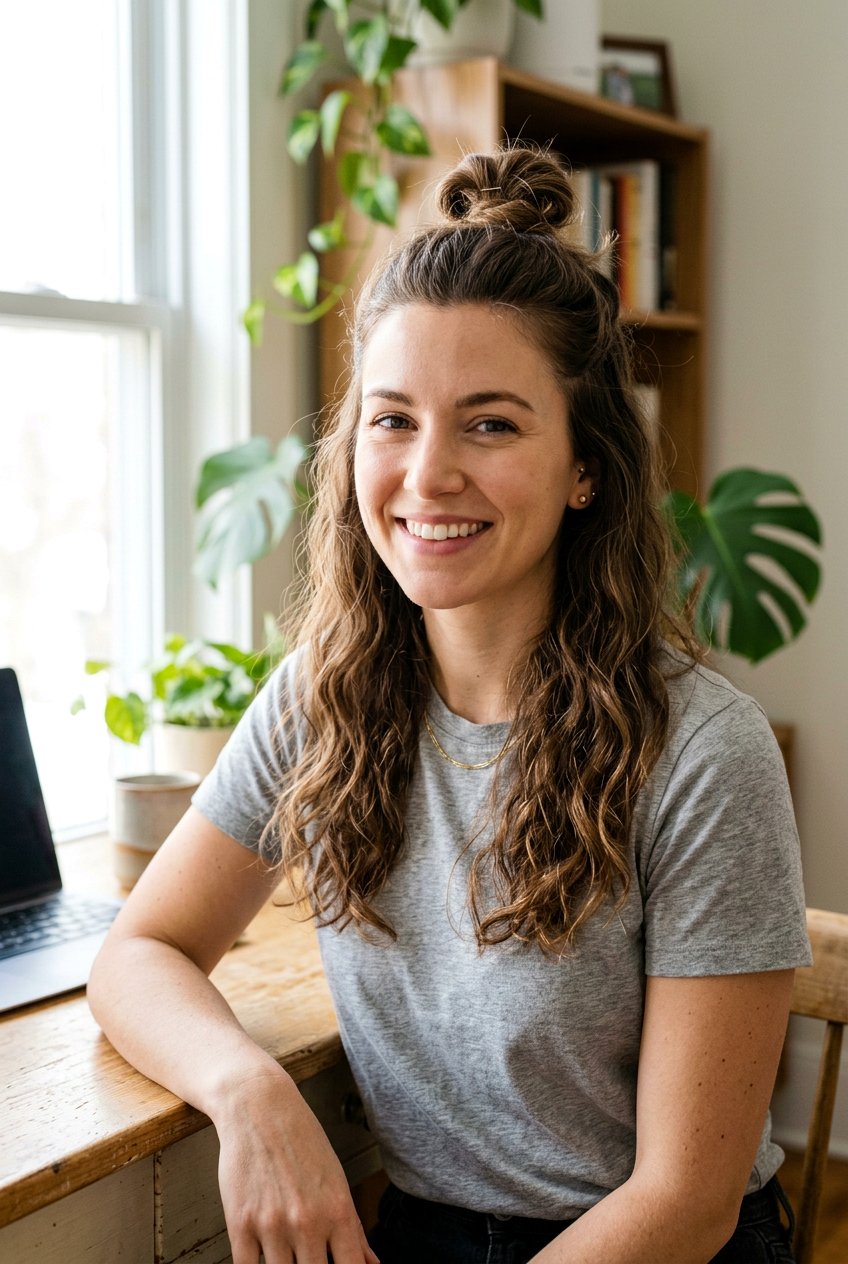 Half Up Top Knot For Remote Work - 20 tidy hairstyles for work from home - 20 tidy hairstyles for work from home