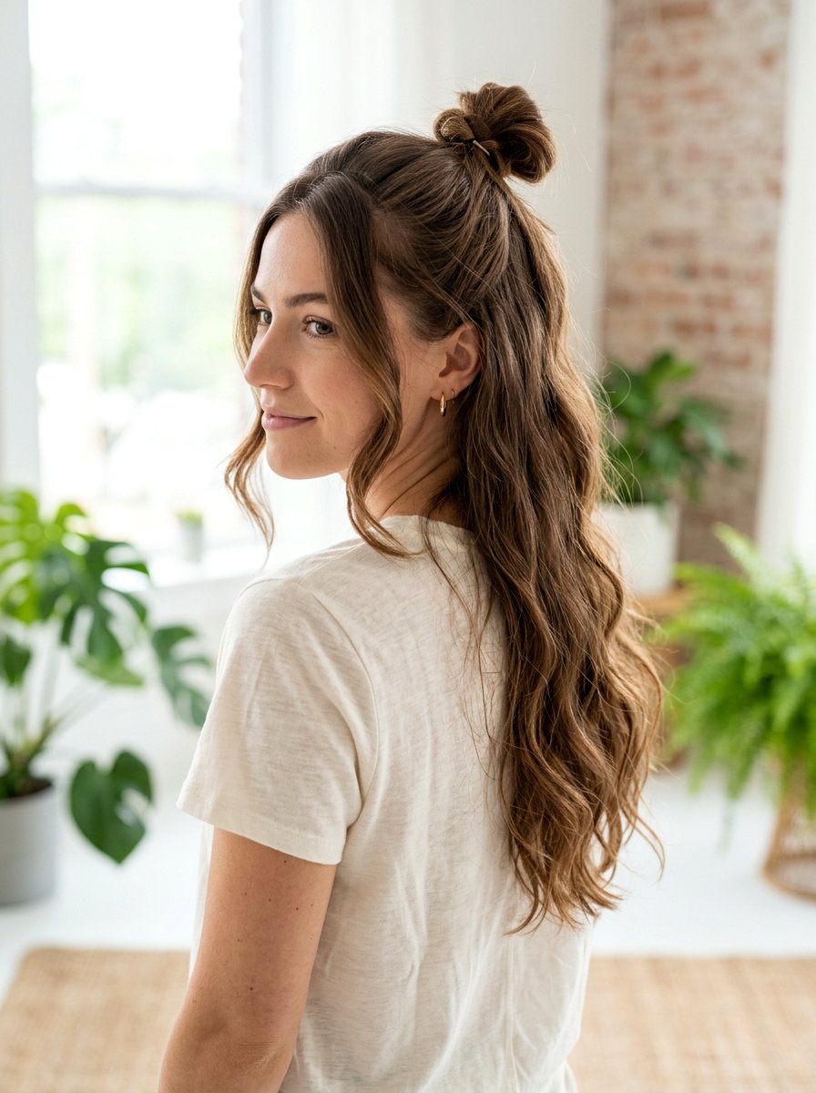 Half Up Top Knot For Yoga - 20 yoga hairstyles for long hair - 20 yoga hairstyles for long hair