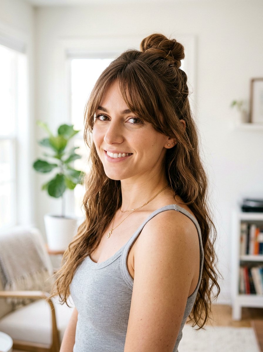 Half Up Top Knot With Long Bangs - 20 simple hairstyle for long layers and bangs - 20 simple hairstyle for long layers and bangs