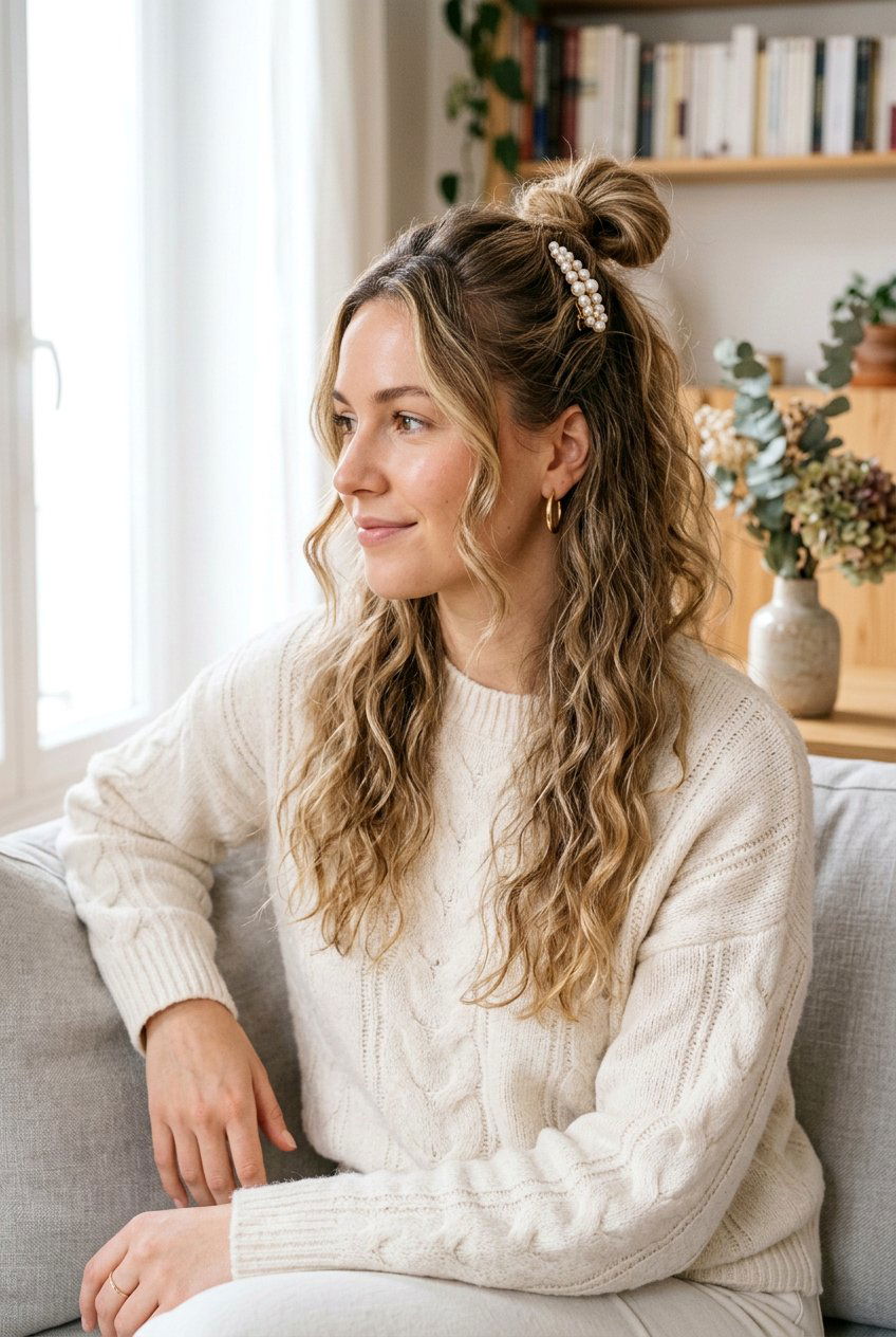 Half Up Top Knot With Pearl Clip - 20 pearl clip hairstyles - 20 pearl clip hairstyles