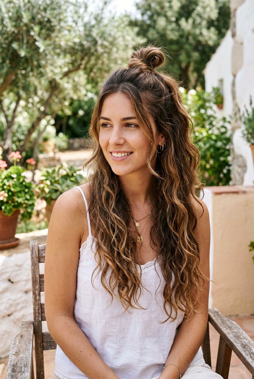 Half Up Top Knot with Loose Waves - 20 summer hairstyles for women - 20 summer hairstyles for women