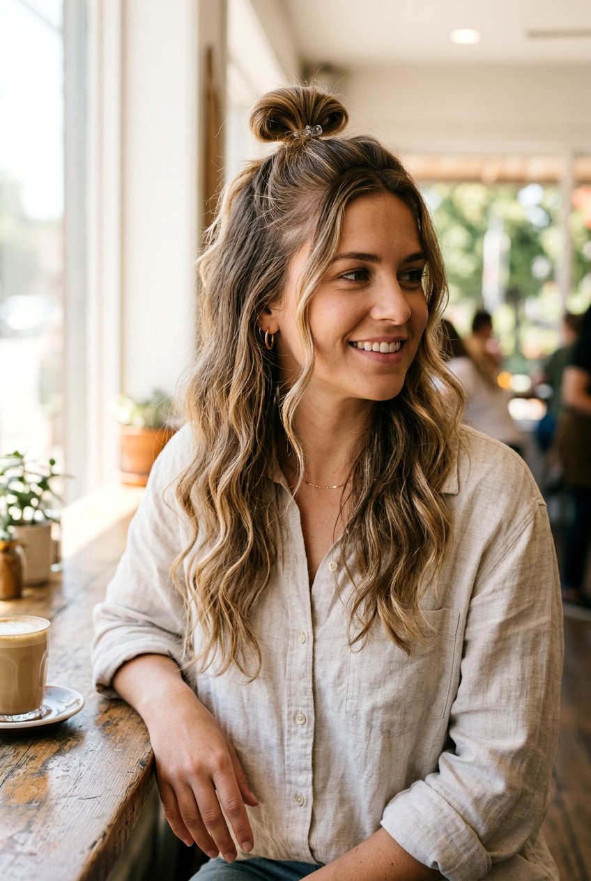 Half Up Top Knot - 20 airport hairstyle for medium hair - 20 airport hairstyle for medium hair