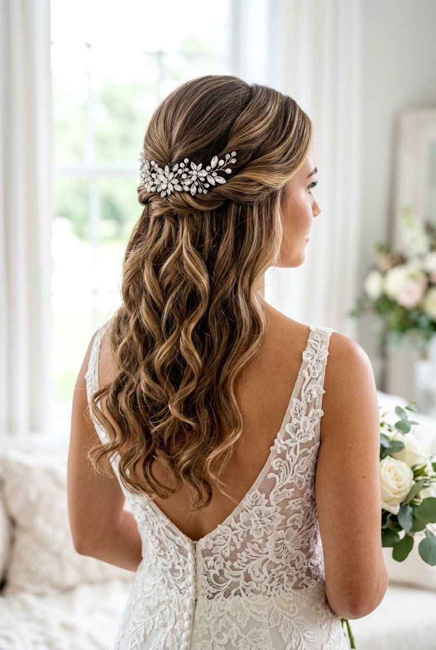 Half Up Twist Bridal Hair With Crystal Hairpins - 20 crystal hairpin bridal hairstyle - 20 crystal hairpin bridal hairstyle