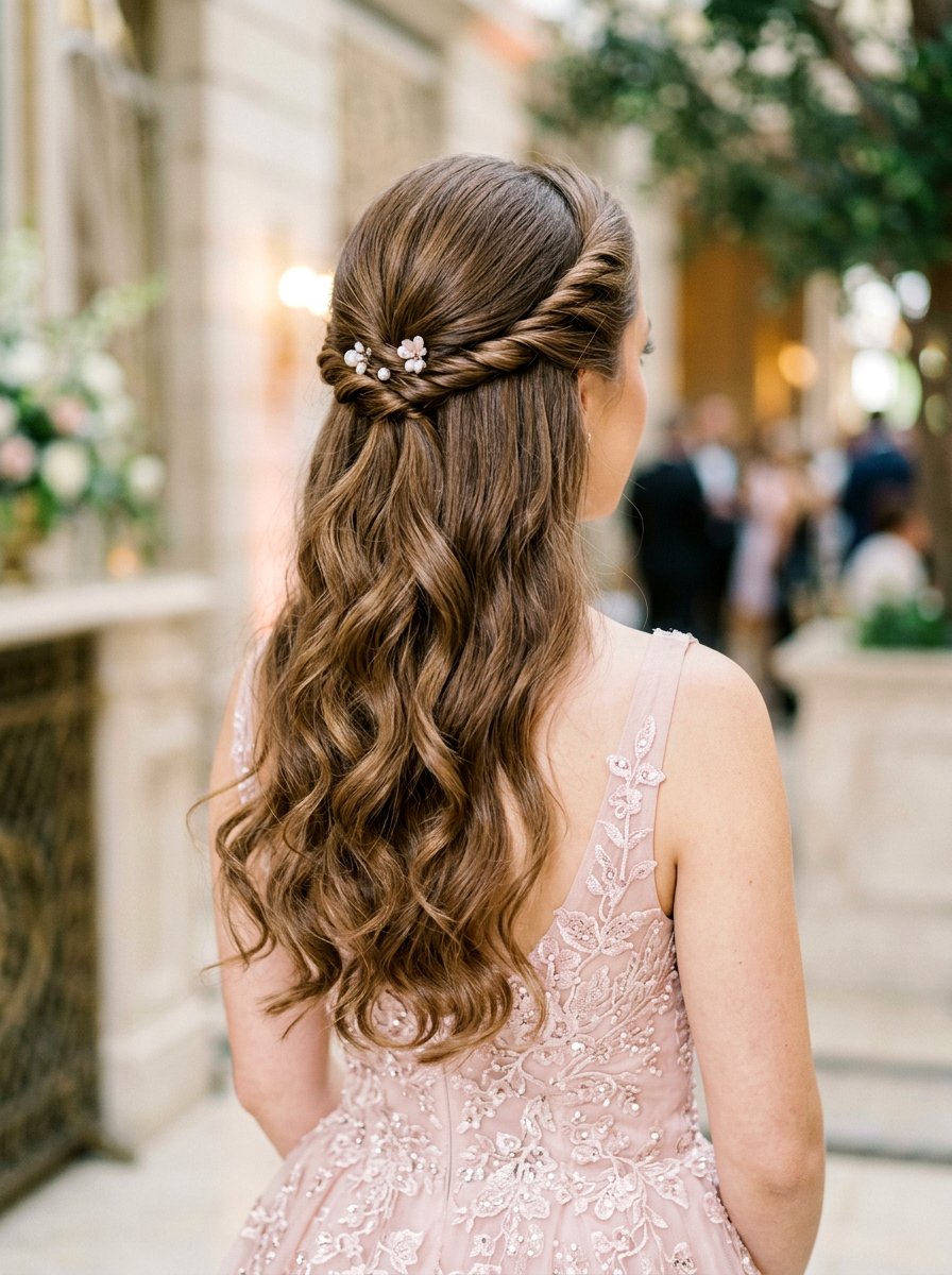 Half Up Twisted Braid With Romantic Curls - 20 prom half up curls with braids - 20 prom half up curls with braids