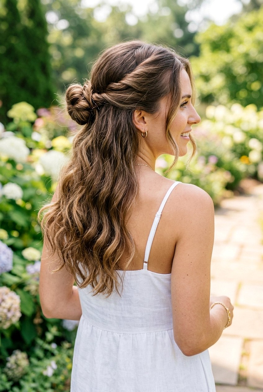 Half Up Twisted Bun - 20 five minute hairstyles - 20 five minute hairstyles