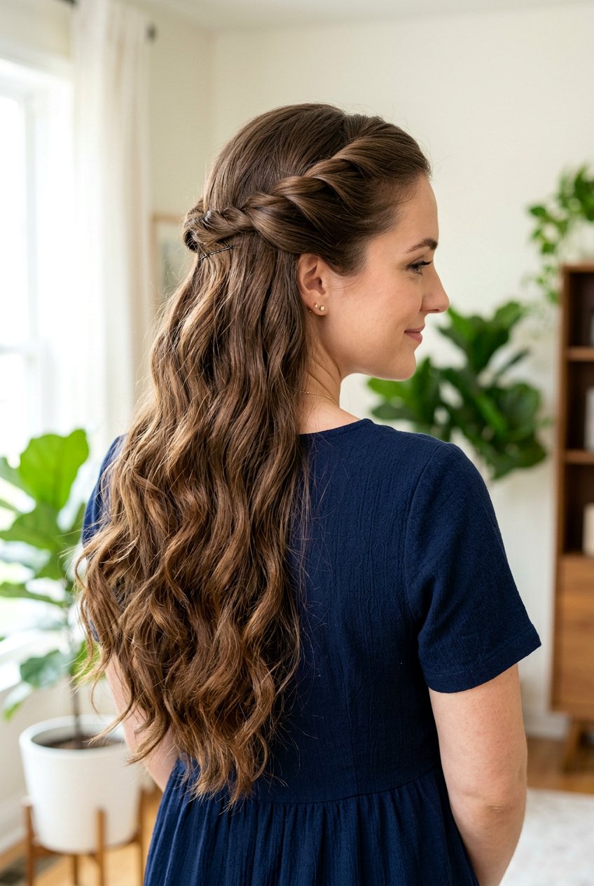 Half Up Twisted Crown - 20 office hairstyle for thick wavy hair - 20 office hairstyle for thick wavy hair