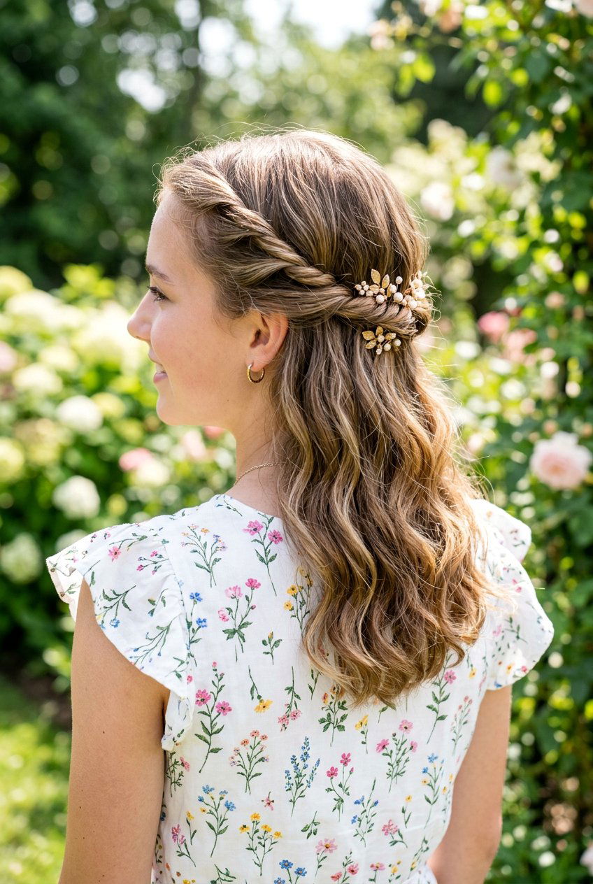 Half Up Twisted Crown - 20 simple half up hairstyle for teens - 20 simple half up hairstyle for teens