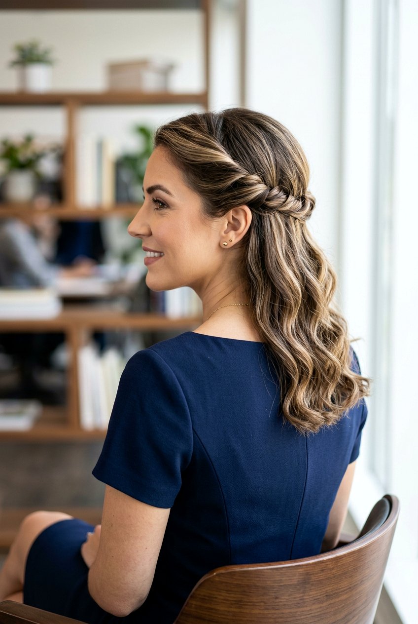 Half Up Twisted Crown - 20 easy corporate hairstyle for long hair - 20 easy corporate hairstyle for long hair