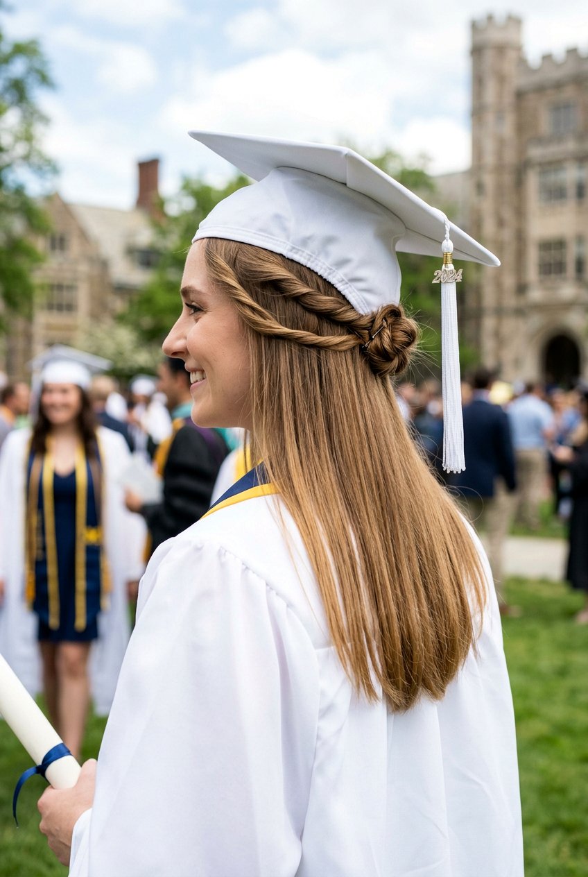 Half Up Twisted Halo With Graduation Cap - 20 graduation half up hairstyle with cap - 20 graduation half up hairstyle with cap