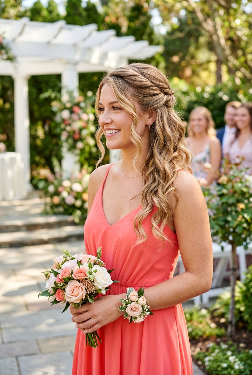Half Up Twisted Side Sweep With Beachy Curls - 20 bridesmaid half up with curls - 20 bridesmaid half up with curls