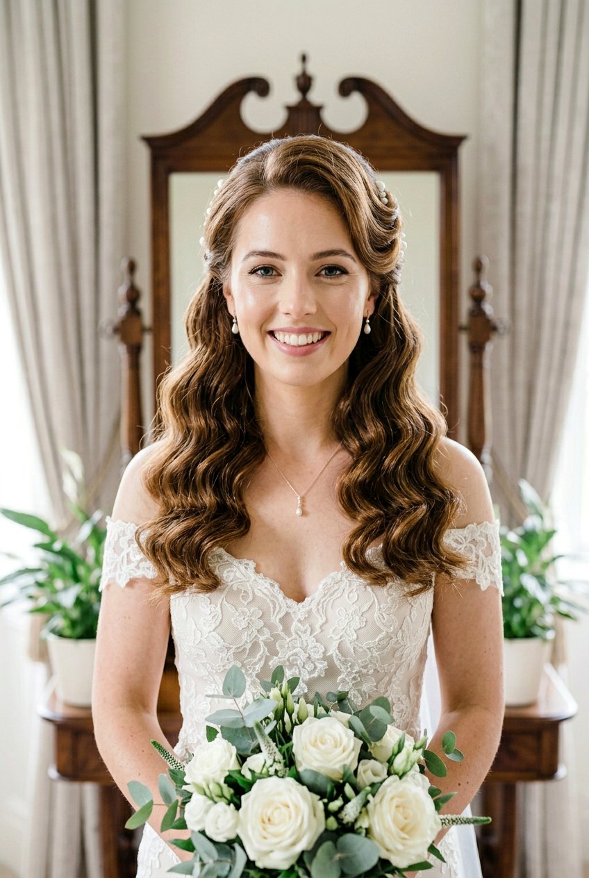 Half Up Vintage Waves With Pearl Pins - 20 bridal half up with pearl pins - 20 bridal half up with pearl pins