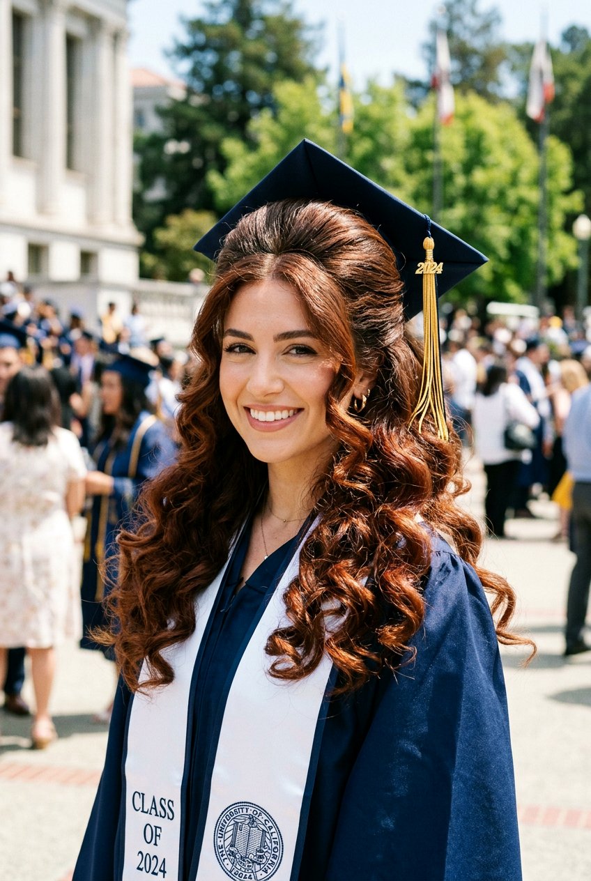 Half Up Voluminous Curls With Graduation Cap - 20 graduation half up hairstyle with cap - 20 graduation half up hairstyle with cap