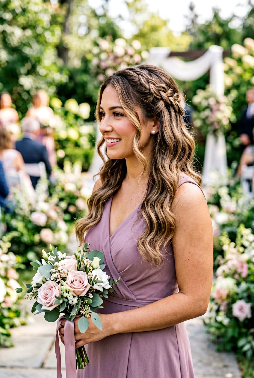 Half Up Waterfall Braid With Loose Waves - 20 bridesmaid half up with curls - 20 bridesmaid half up with curls