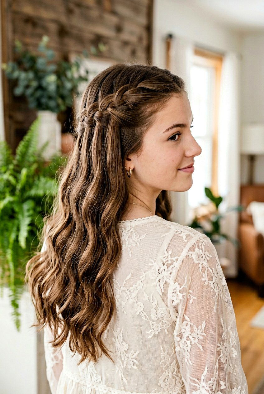 Half Up Waterfall Braid - 20 simple half up hairstyle for teens - 20 simple half up hairstyle for teens