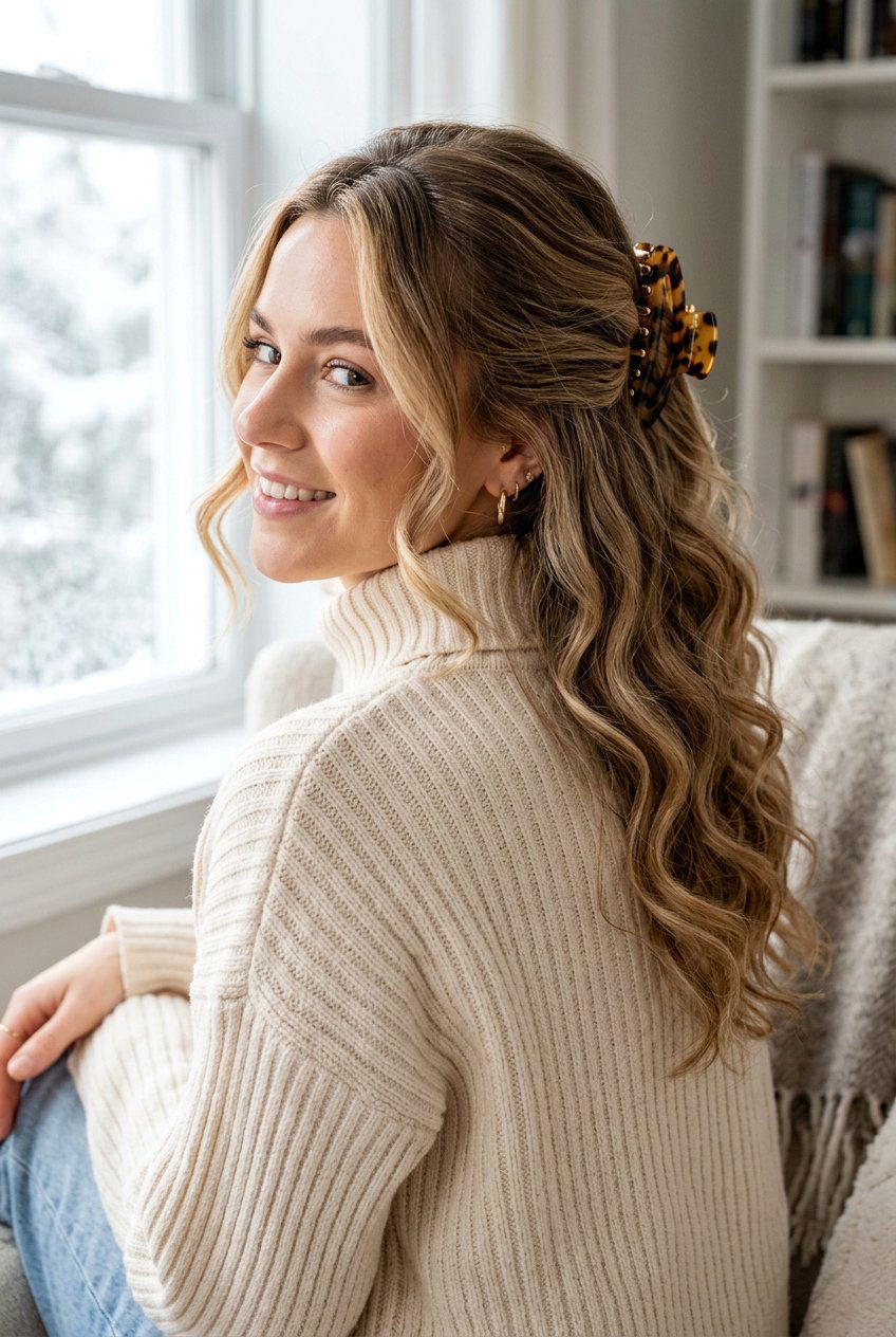 Half Up Winter Clip Hairstyle - 20 winter hairstyles for women - 20 winter hairstyles for women
