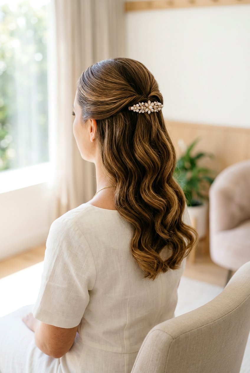 Half Up With Barrette At The Back - 20 date night half up hairstyle - 20 date night half up hairstyle