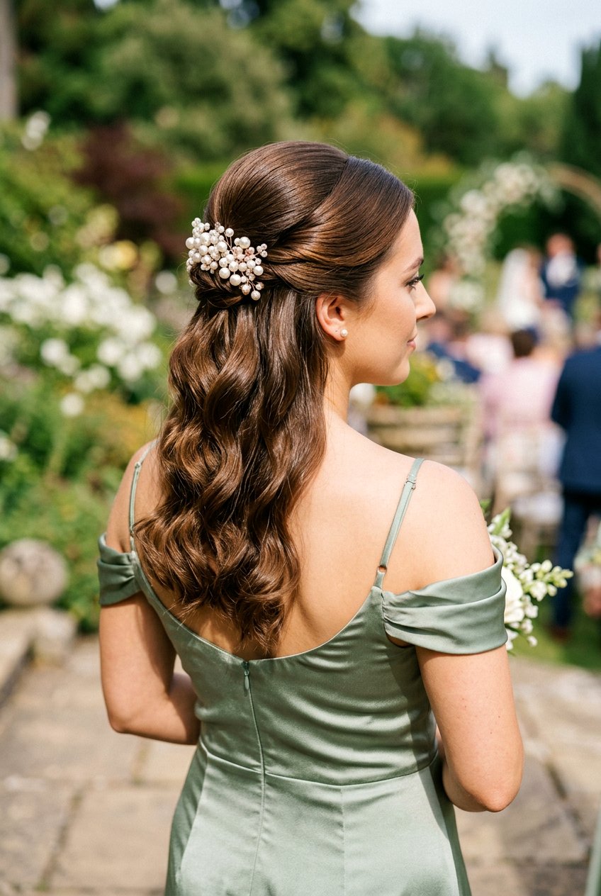 Half Up With Pearl Pins For Bridesmaids - 20 simple bridesmaid half up hairstyle - 20 simple bridesmaid half up hairstyle