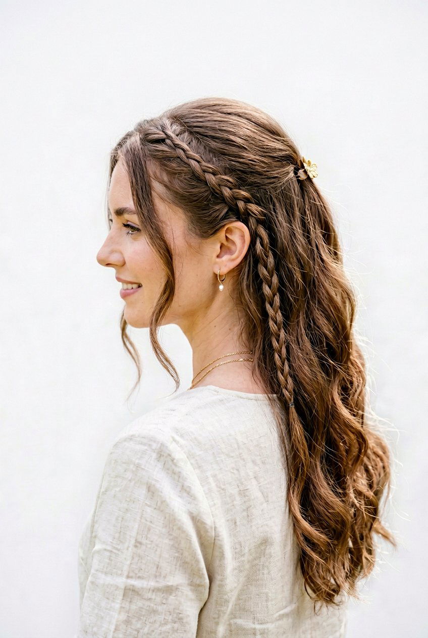 Half Up With Small Braids At The Sides - 20 date night half up hairstyle - 20 date night half up hairstyle
