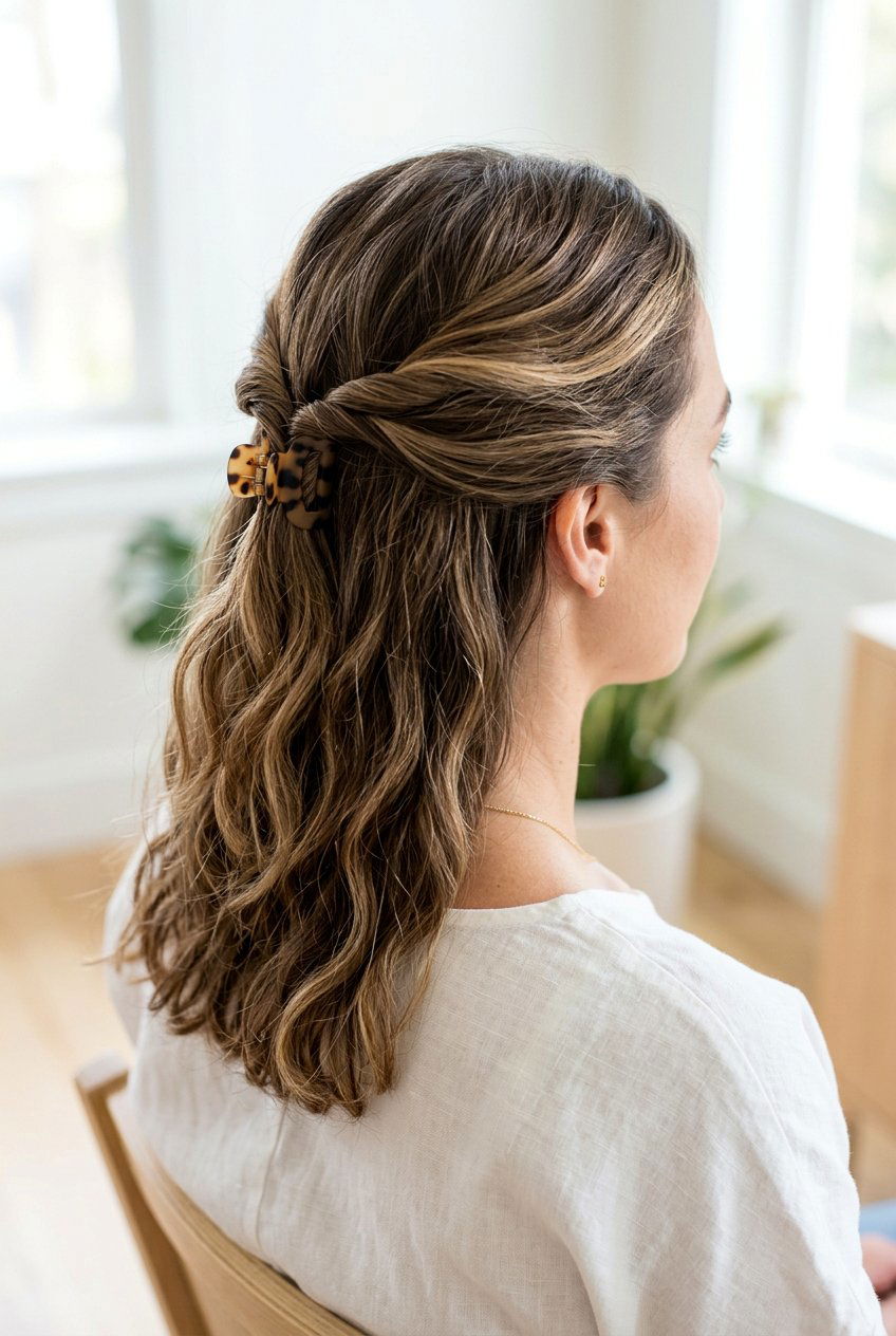 Half Up With Small Claw Clip For Work - 20 elegant work half up hairstyle - 20 elegant work half up hairstyle