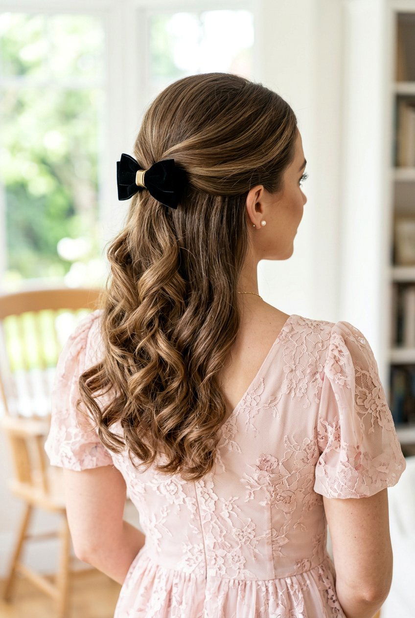 Half Up With Soft Curls And Bow Clip - 20 date night half up hairstyle - 20 date night half up hairstyle